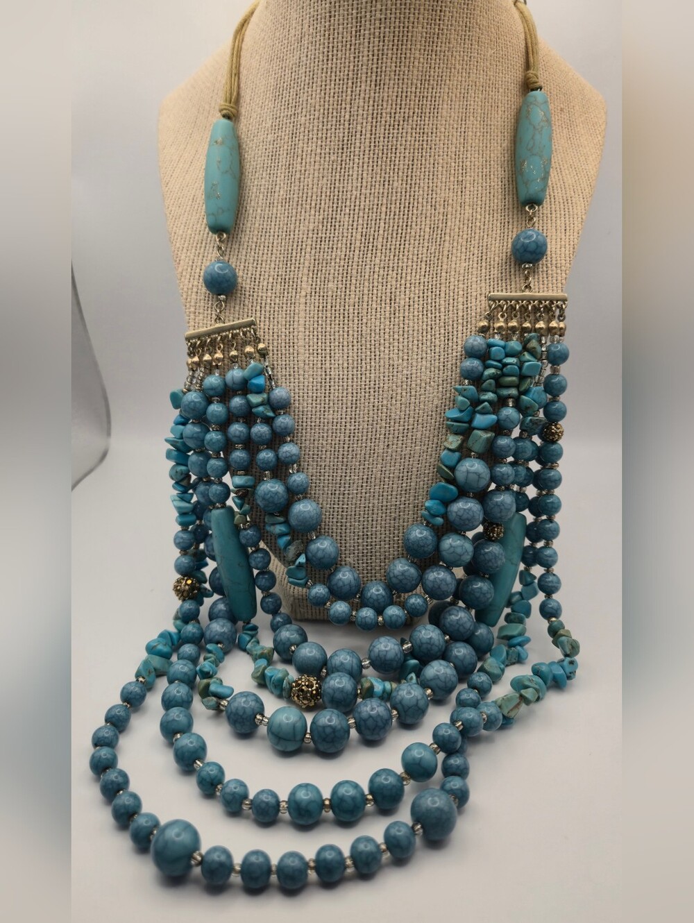 Chico's Multi-Strand Faux Turquoise Bead Statement Necklace Bold Boho Rustic